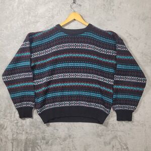 Vintage AKA Sportswear Sweater Mens L Black Fair Isle Geometric Knit Crewneck